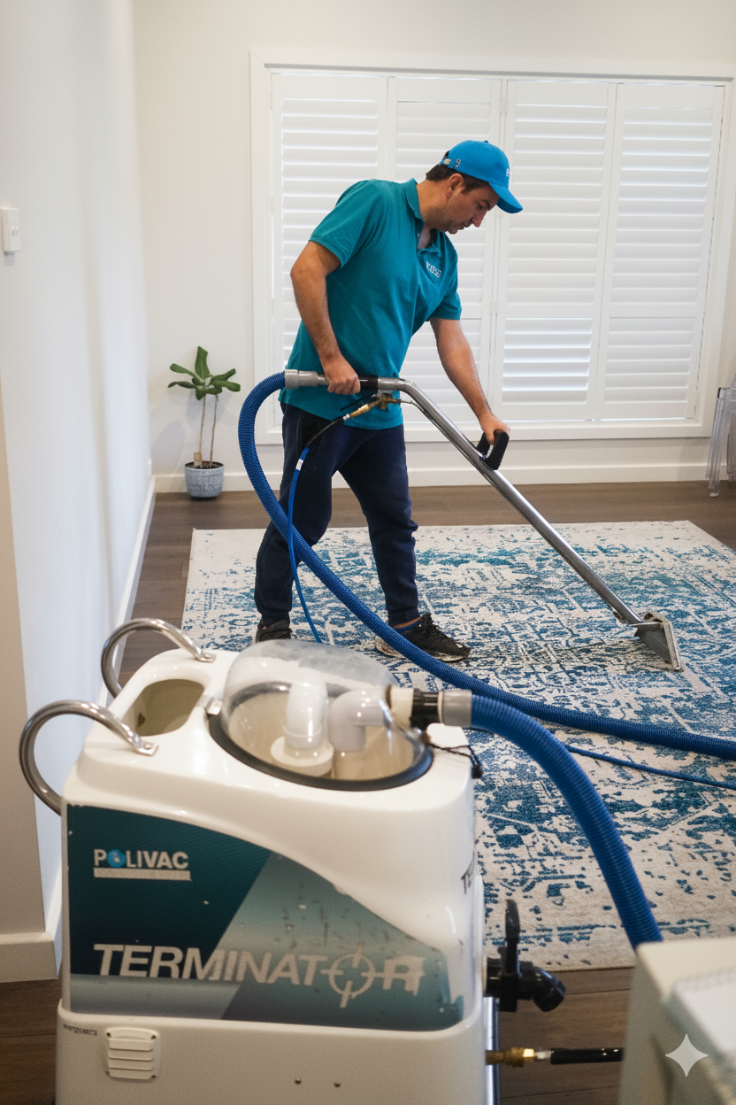 Man Cleaning Carpet with Wall-Mounted Vacuum