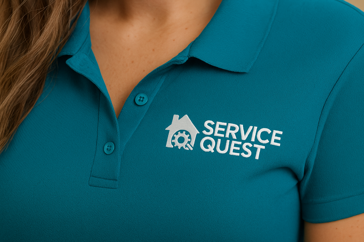 Blue Polo Shirt with "SERVICE QUEST" Logo